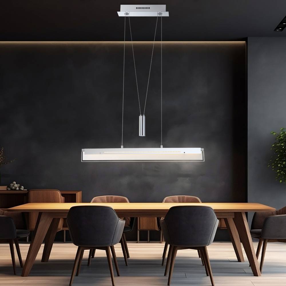 Hängeleuchte Wohnzimmer Höhenverstellbar Pendelleuchte Esszimmerlampe Chrom, Metall Glas,1x LED 22,5W 1780Lm warmweiß, L 80 cm
