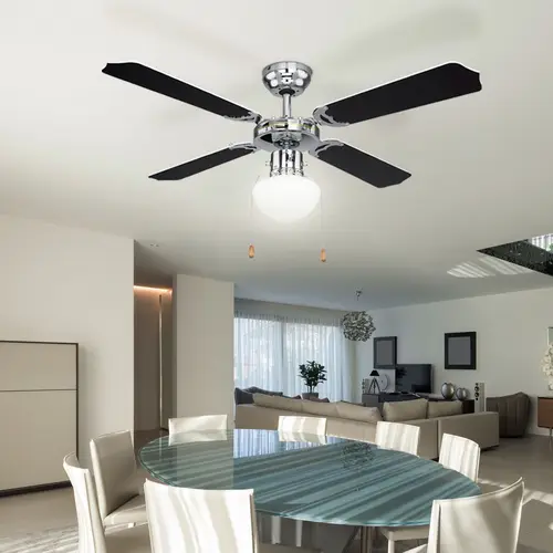 Deckenventilator mit Beleuchtung Vor Rücklauf Zugschalter Glas Lampe Windmaschine Lüfter, Metall chrom Glas, kühlen wärmen, 1x E27 Fassung, D 106 Deckenventilator mit Beleuchtung Vor Rücklauf Zugschalter Glas Lampe Windmaschine Lüfter, Metall chrom Glas, kühlen wärmen, 1x E27 Fassung, D 106