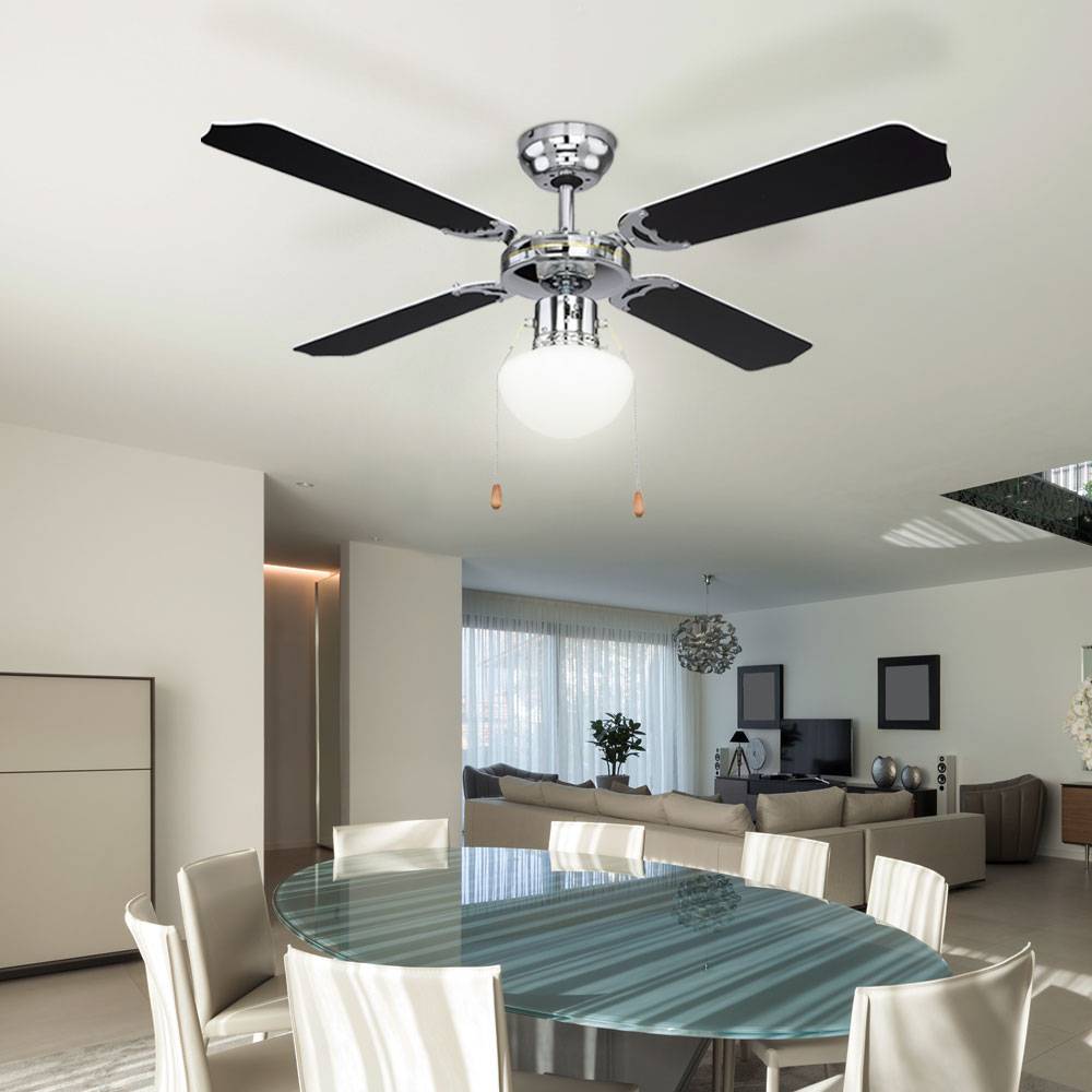 Deckenventilator mit Beleuchtung Windmaschine Deckengebläse chrom kühlen wärmen Vor Rücklauf Zugschalter Glas Lampe