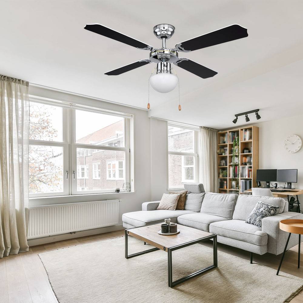 Deckenventilator mit Beleuchtung Windmaschine Deckengebläse chrom kühlen wärmen Vor Rücklauf Zugschalter Glas Lampe