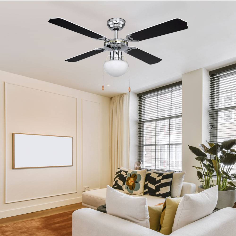 Deckenventilator mit Zugschalter 3 Stufen Flügel wendbar Vor- und Rücklauf Deckenleuchte Sommer Wintermodus Fernbedienung, 1x E27, DxH 106,6x41,5 cm