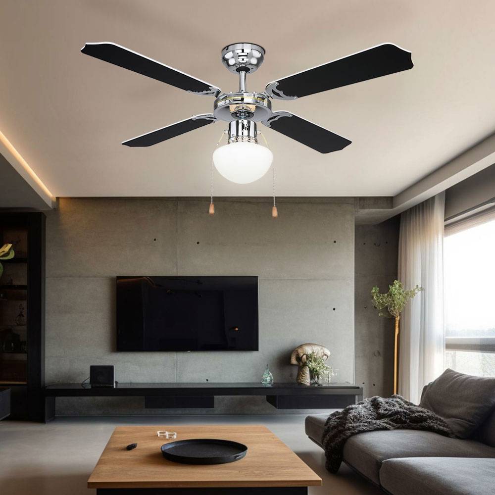 Deckenventilator mit Beleuchtung Windmaschine Deckengebläse chrom kühlen wärmen Vor Rücklauf Zugschalter Glas Lampe