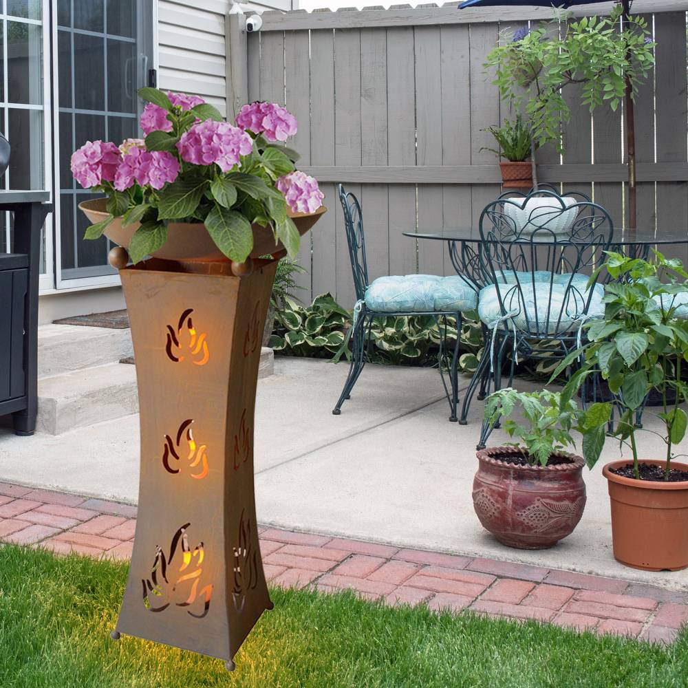 Pflanzschale mit Ständer Außen Pflanzsäule mit Schale Rost Optik LED Blumenschale Garten, 3x LED Kerze Batterien, LxBxH 29x29x85,6 cm