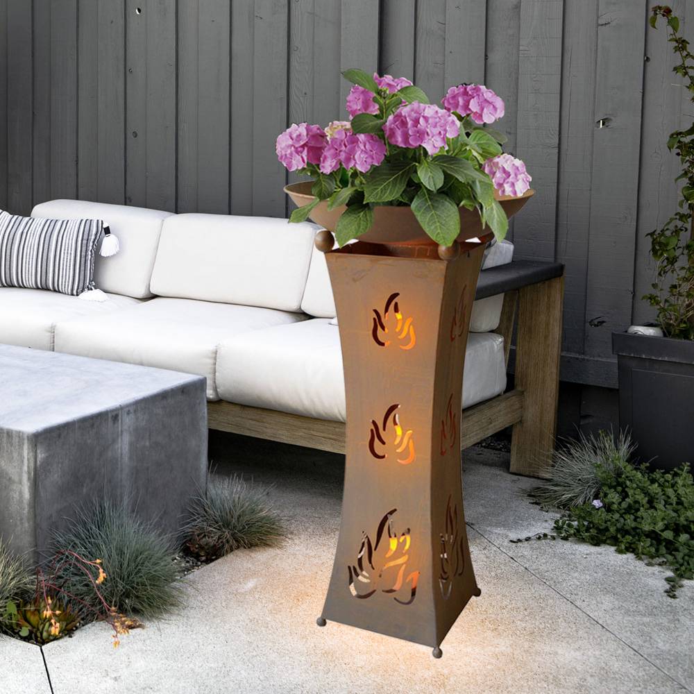 Pflanzschale mit Ständer Außen Pflanzsäule mit Schale Rost Optik LED Blumenschale Garten, 3x LED Kerze Batterien, LxBxH 29x29x85,6 cm
