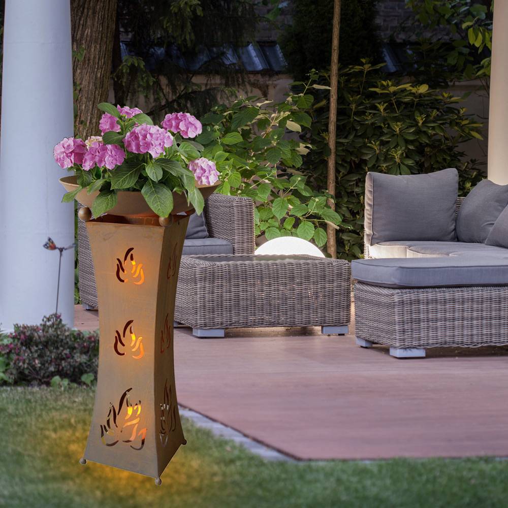 Pflanzschale mit Ständer Außen Pflanzsäule mit Schale Rost Optik LED Blumenschale Garten, 3x LED Kerze Batterien, LxBxH 29x29x85,6 cm