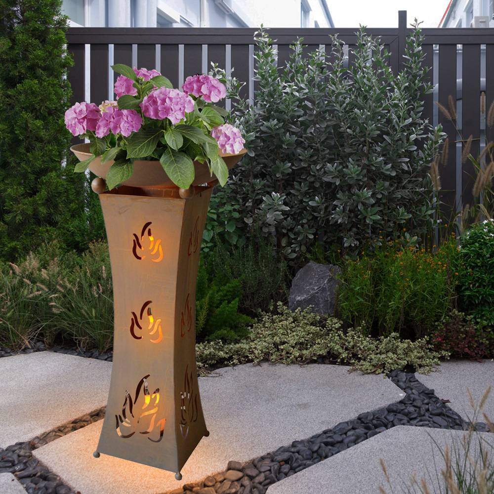 Pflanzschale mit Ständer Außen Pflanzsäule mit Schale Rost Optik LED Blumenschale Garten, 3x LED Kerze Batterien, LxBxH 29x29x85,6 cm
