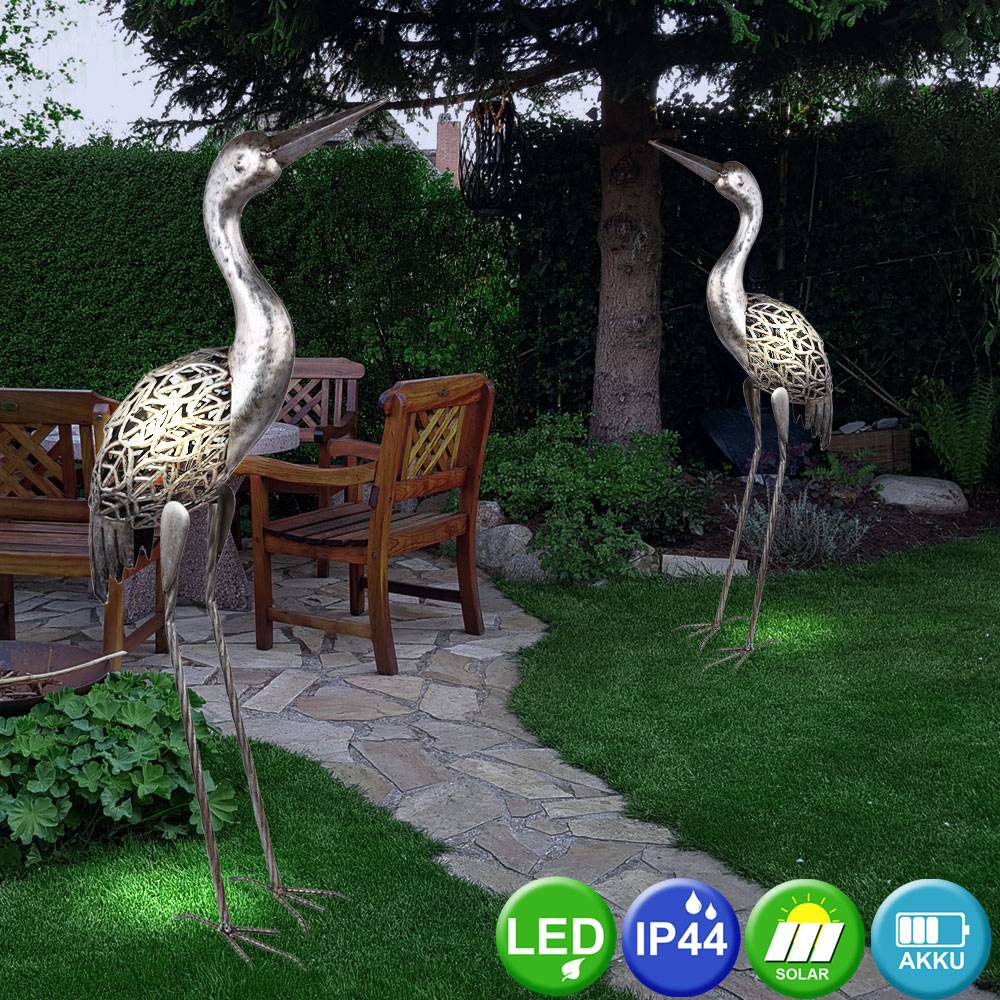Solarlampe Kranich Solarleuchte für Außen Deko Figuren Gartendekoration Solar, Metall grau antik, 1x LED AKKU, H 77 cm, Garten
