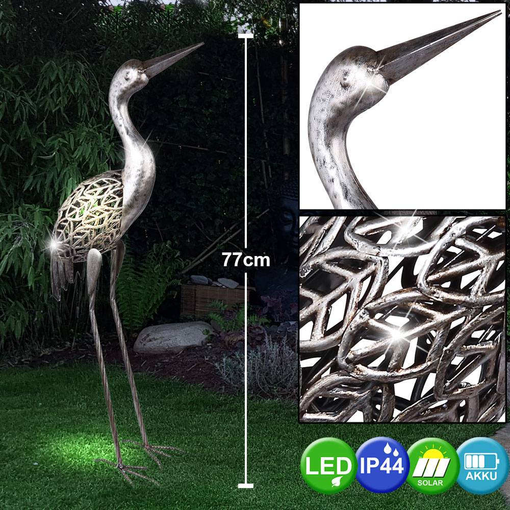 Solarlampe Kranich Solarleuchte für Außen Deko Figuren Gartendekoration Solar, Metall grau antik, 1x LED AKKU, H 77 cm, Garten