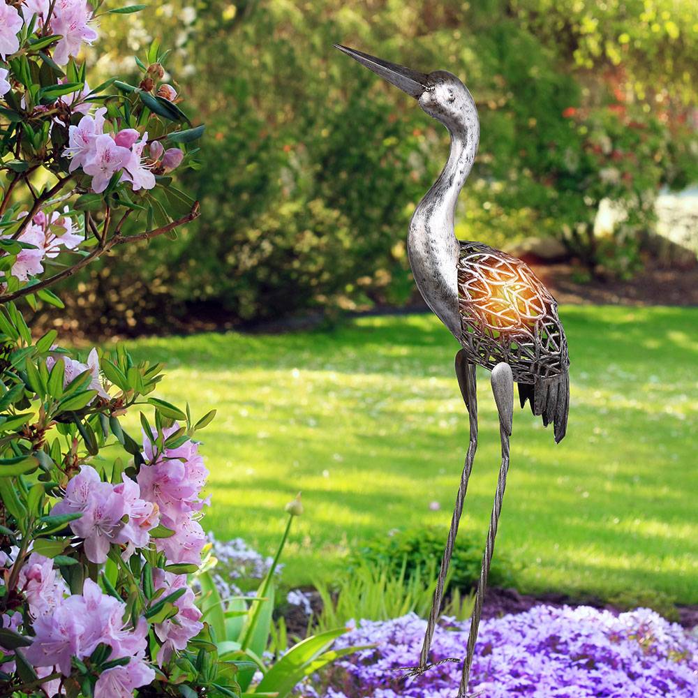Solarlampe Kranich Solarleuchte für Außen Deko Figuren Gartendekoration Solar, Metall grau antik, 1x LED AKKU, H 77 cm, Garten