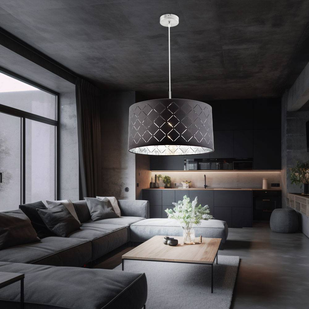 Decken Pendel Leuchte Wohn Ess Zimmer Beleuchtung Textil Design Hänge Lampe schwarz silber