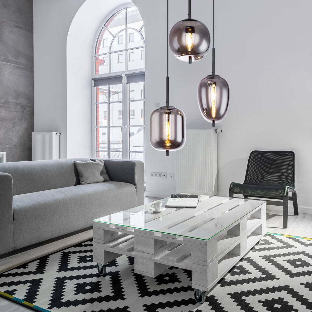 Hängeleuchte Wohnzimmer Pendellampe Designleuchte Esstischlampe 3-flammig mit Glasschirm, Metall rauch, 3x E14, DxH 46x120 cm
