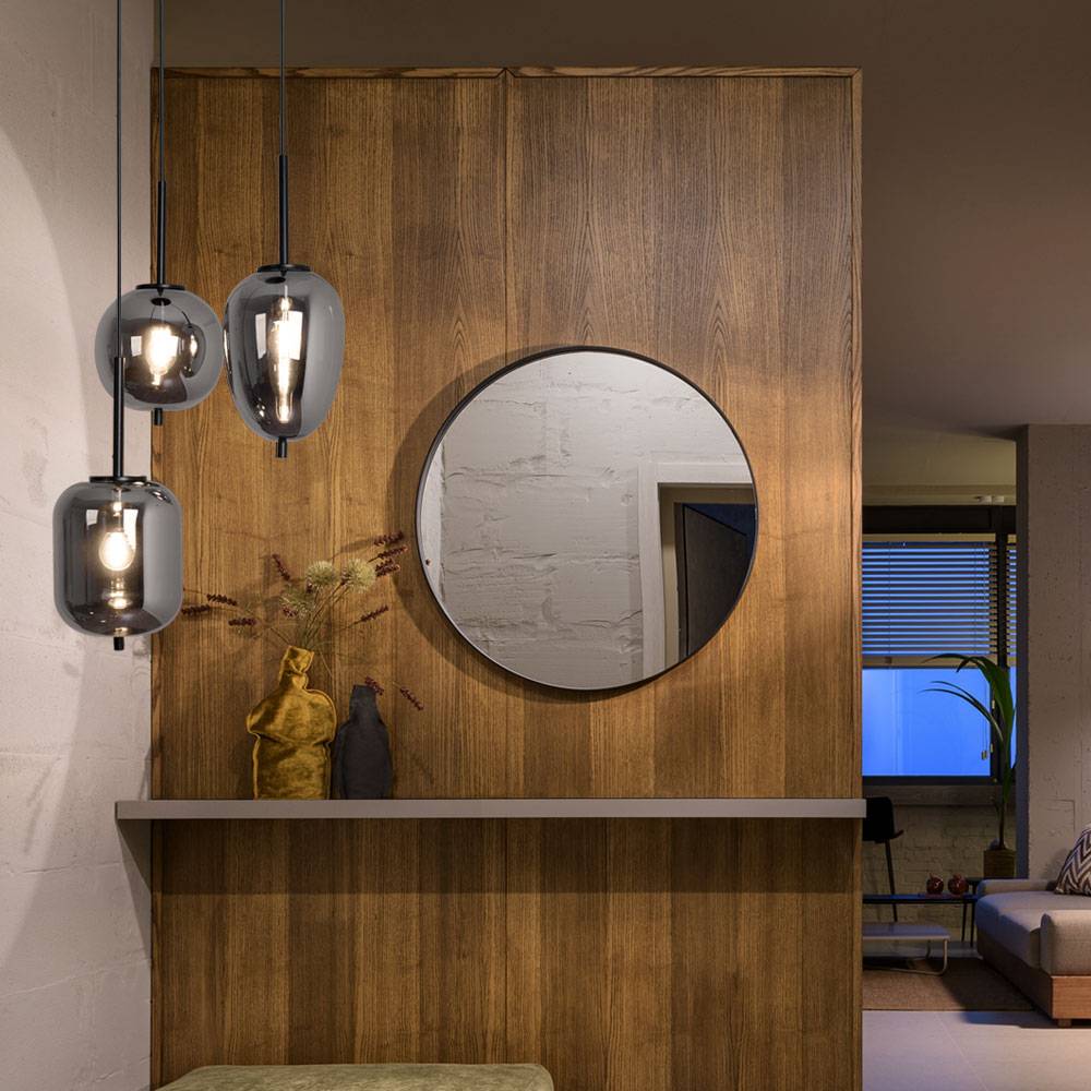 Hängeleuchte Wohnzimmer Pendellampe Designleuchte Esstischlampe 3-flammig mit Glasschirm, Metall rauch, 3x E14, DxH 46x120 cm