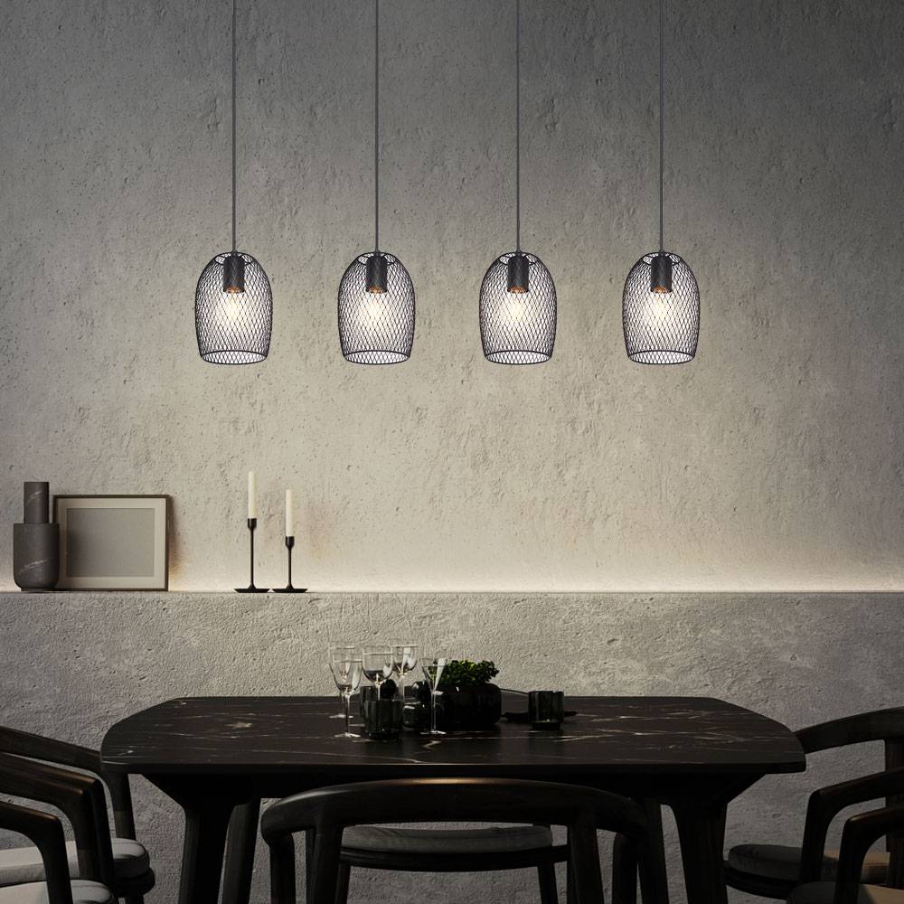 Pendelleuchte Pendellampe Hängeleuchte Esszimmerlampe Wohnzimmer, Industriell, 4 flammig, Metall Gitteroptik schwarz, 4x E27 Fassungen, HxLxB