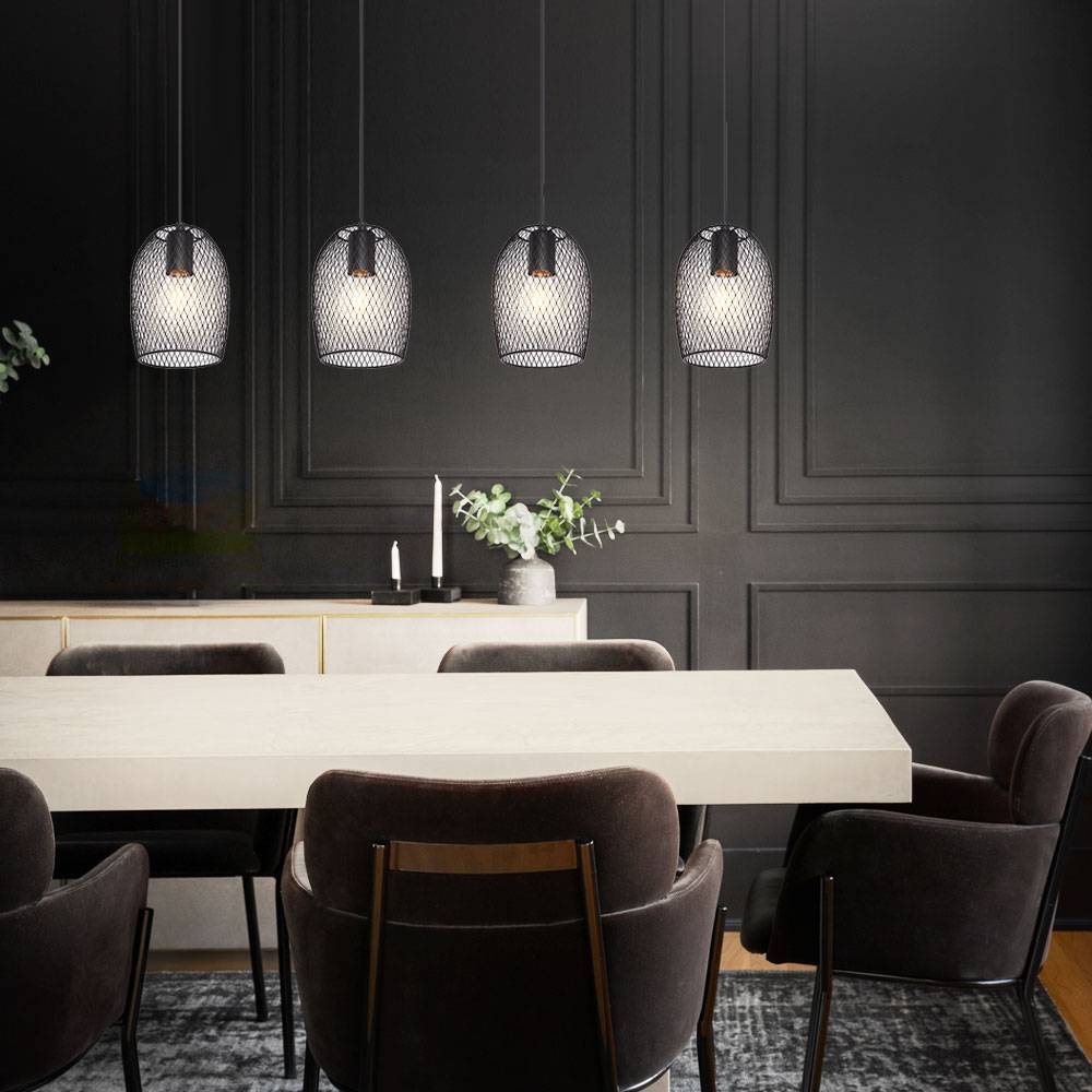 Pendelleuchte Pendellampe Hängeleuchte Esszimmerlampe Wohnzimmer, Industriell, 4 flammig, Metall Gitteroptik schwarz, 4x E27 Fassungen, HxLxB