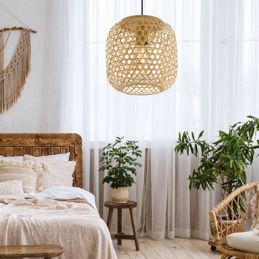 Hängelampe Pendelleuchte Deckenlampe Wohnzimmer Hängeleuchte Bambus Boho Optik in naturfarben, Metall schwarz, 1x E27, DxH 23x135 cm