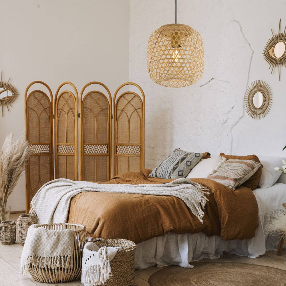 Hängelampe Pendelleuchte Deckenlampe Wohnzimmer Hängeleuchte Bambus Boho Optik in naturfarben, Metall schwarz, 1x E27, DxH 23x135 cm