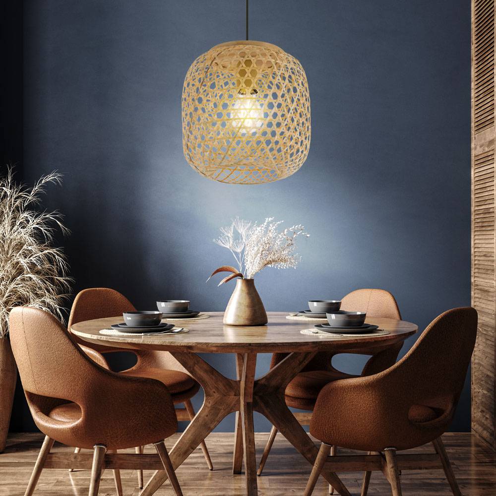 Hängelampe Pendelleuchte Deckenlampe Wohnzimmer Hängeleuchte Bambus Boho Optik in naturfarben, Metall schwarz, 1x E27, DxH 23x135 cm