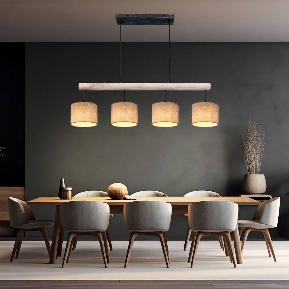 Hängeleuchte Holzbalken Höhenverstellbar Esszimmerleuchte Holz Pendelleuchte Esstisch Textil, grau Natur, 4xE27, LxBxH 102x18x120 cm
