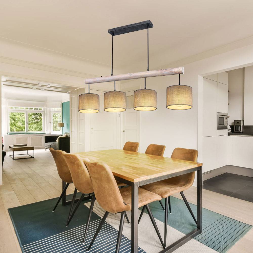 Hängeleuchte Holzbalken Höhenverstellbar Esszimmerleuchte Holz Pendelleuchte Esstisch Textil, grau Natur, 4xE27, LxBxH 102x18x120 cm