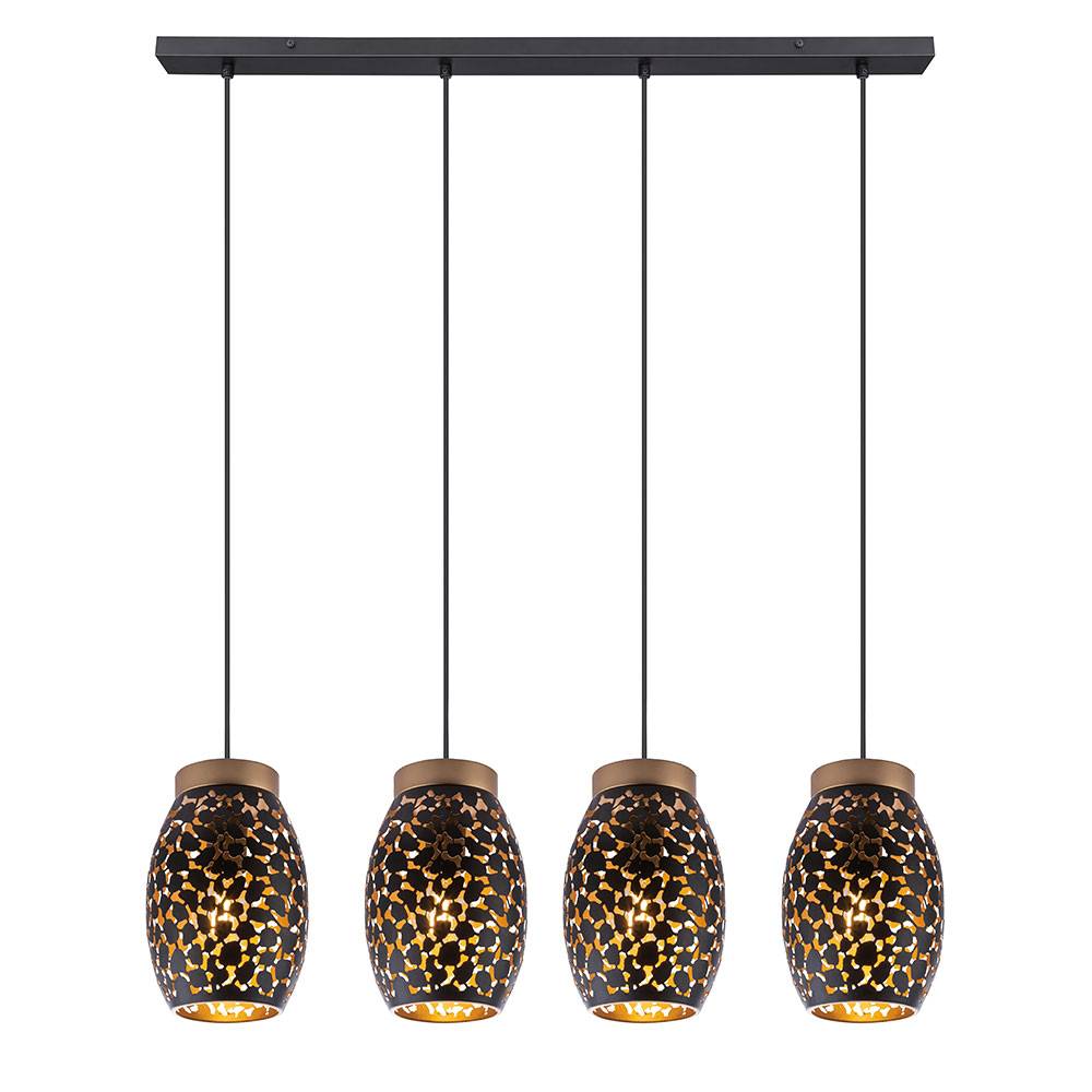 Pendelleuchte Hängelampe Esstisch 4 flammig Esszimmerlampe Hängeleuchte, orientalisch, Metall schwarz gold gemustert, 4x E27 Fassungen, HxLxB 120x9