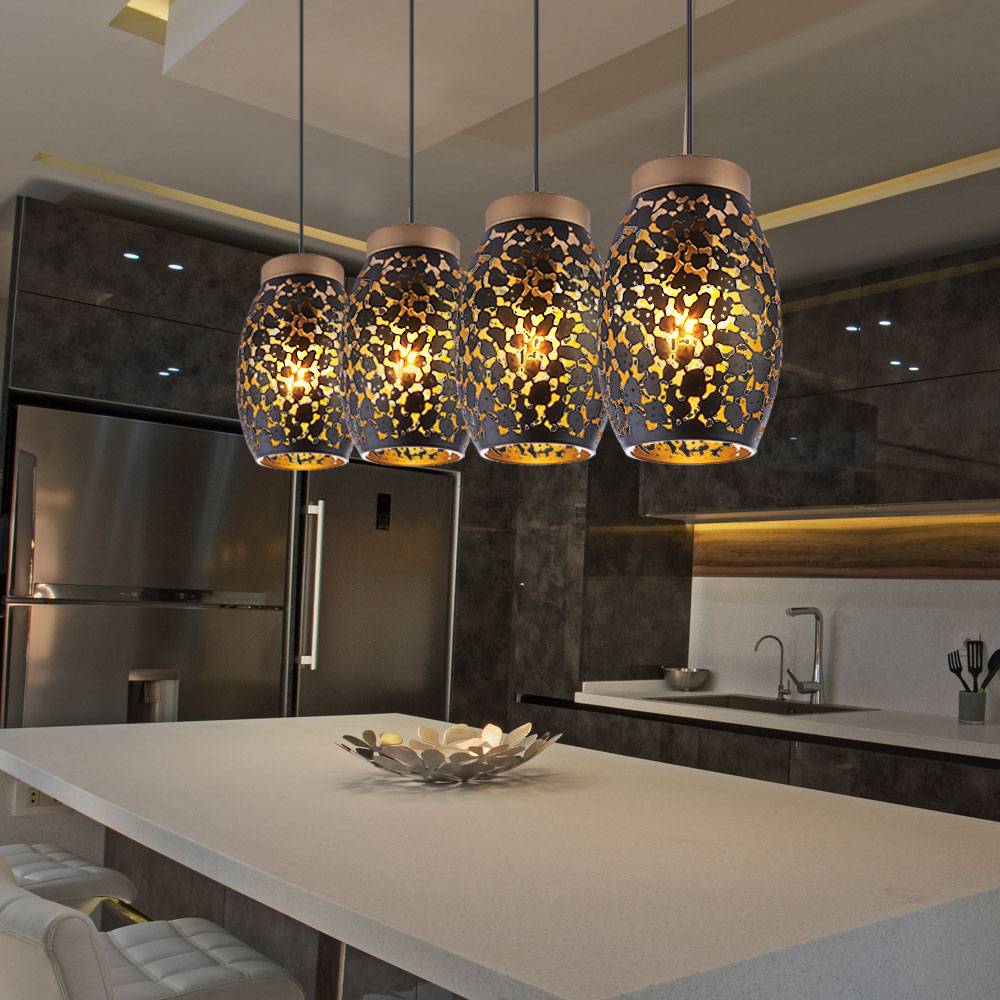 Pendelleuchte Hängelampe Esstisch 4 flammig Esszimmerlampe Hängeleuchte, orientalisch, Metall schwarz gold gemustert, 4x E27 Fassungen, HxLxB 120x9