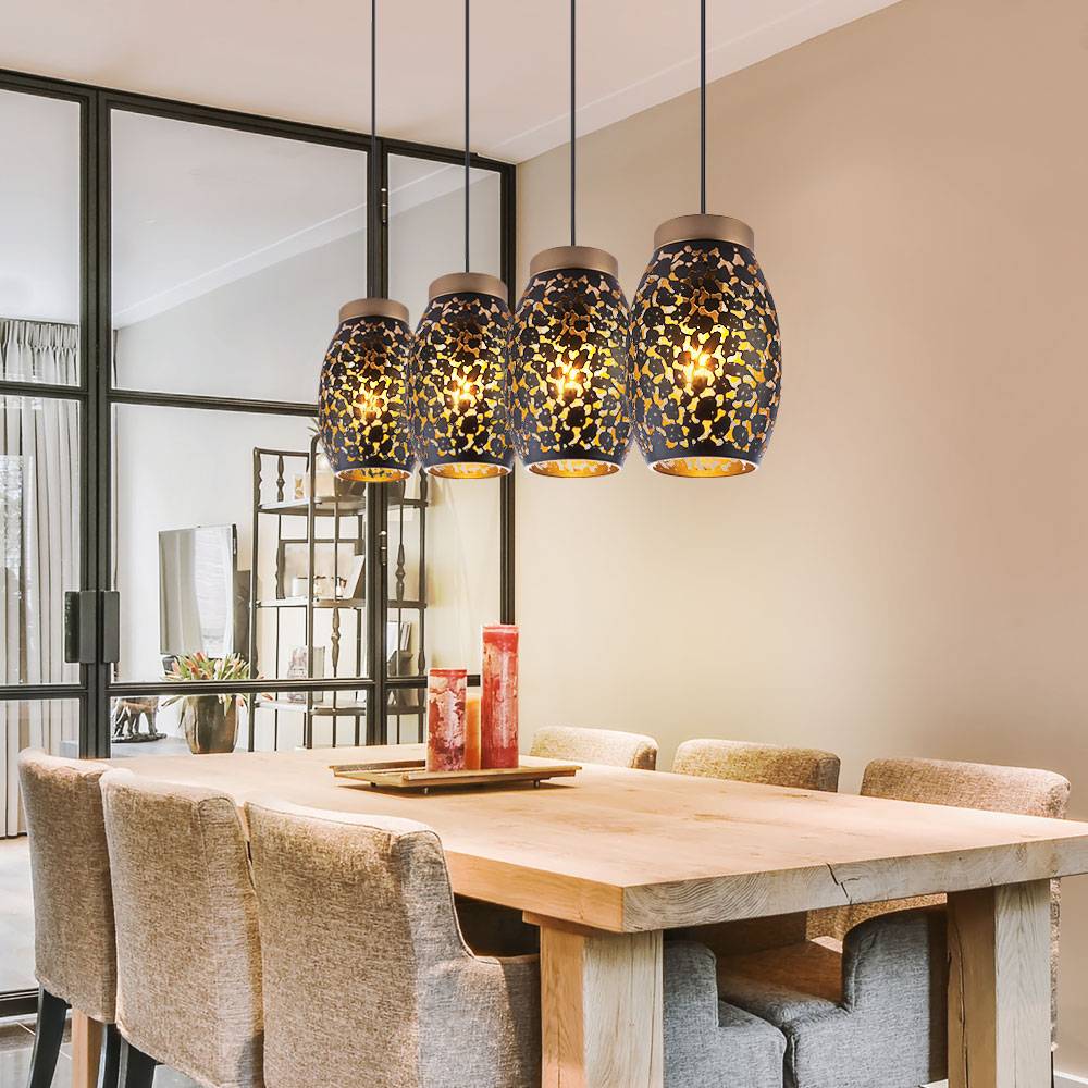 Hängelampe Esstisch Pendelleuchte 4 flammig Esszimmerlampe Hängeleuchte, orientalisch, Metall schwarz gold gemustert, 4x E27 Fassungen, HxLxB 120x9