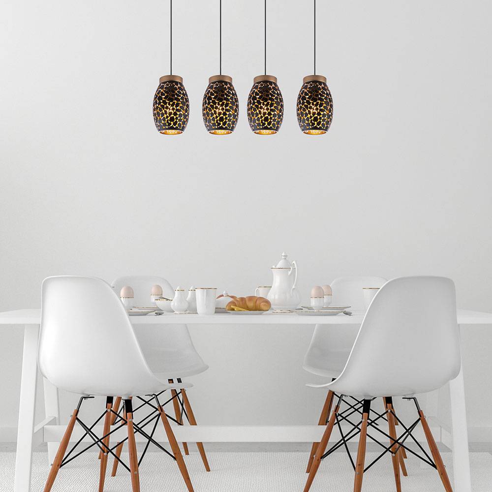 Hängelampe Esstisch Pendelleuchte 4 flammig Esszimmerlampe Hängeleuchte, orientalisch, Metall schwarz gold gemustert, 4x E27 Fassungen, HxLxB 120x9