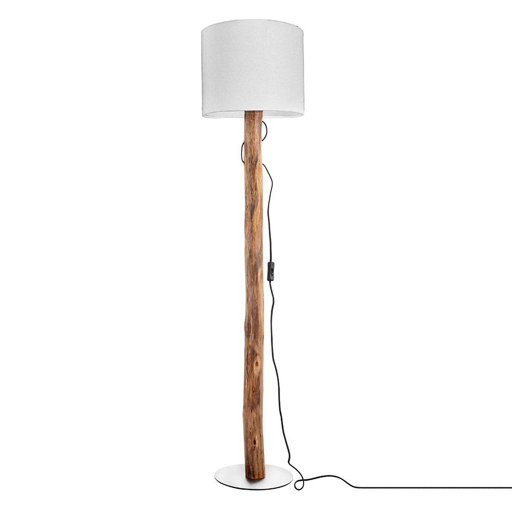 Stehlampe Standleuchte Landhausstil Holzlampe Eukalyptus braun Wohnzimmer Stehleuchte mit Stoffschirm, Metall Textil weiß gold, Fassung 1x E27, DxH
