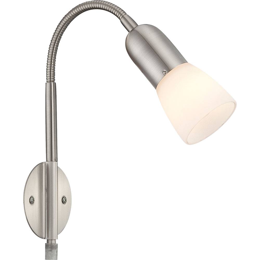 Wandleuchte Leselampe Flexo Wandleuchte Schlafzimmer Bett Wandlampe mit Kabel für Steckdose, Spot beweglich, Metall Nickel Glas weiß, 1x E14 Fassung