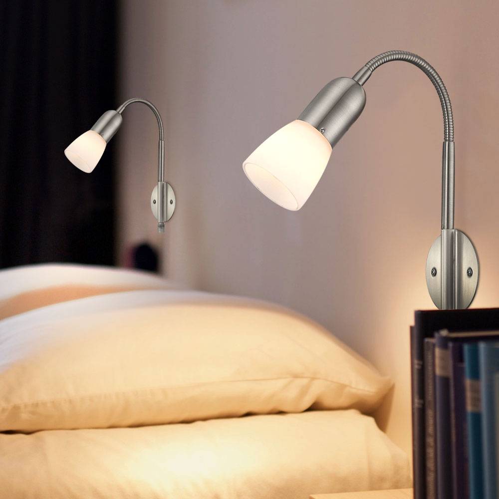 Wandleuchte Leselampe Wandlampe Flexo Schlafzimmer Bett mit Kabel, Spot beweglich, Metall Nickel Glas weiß, 1x E14 Fassung, HxLxBxÜ 46x29,5x23,5x26