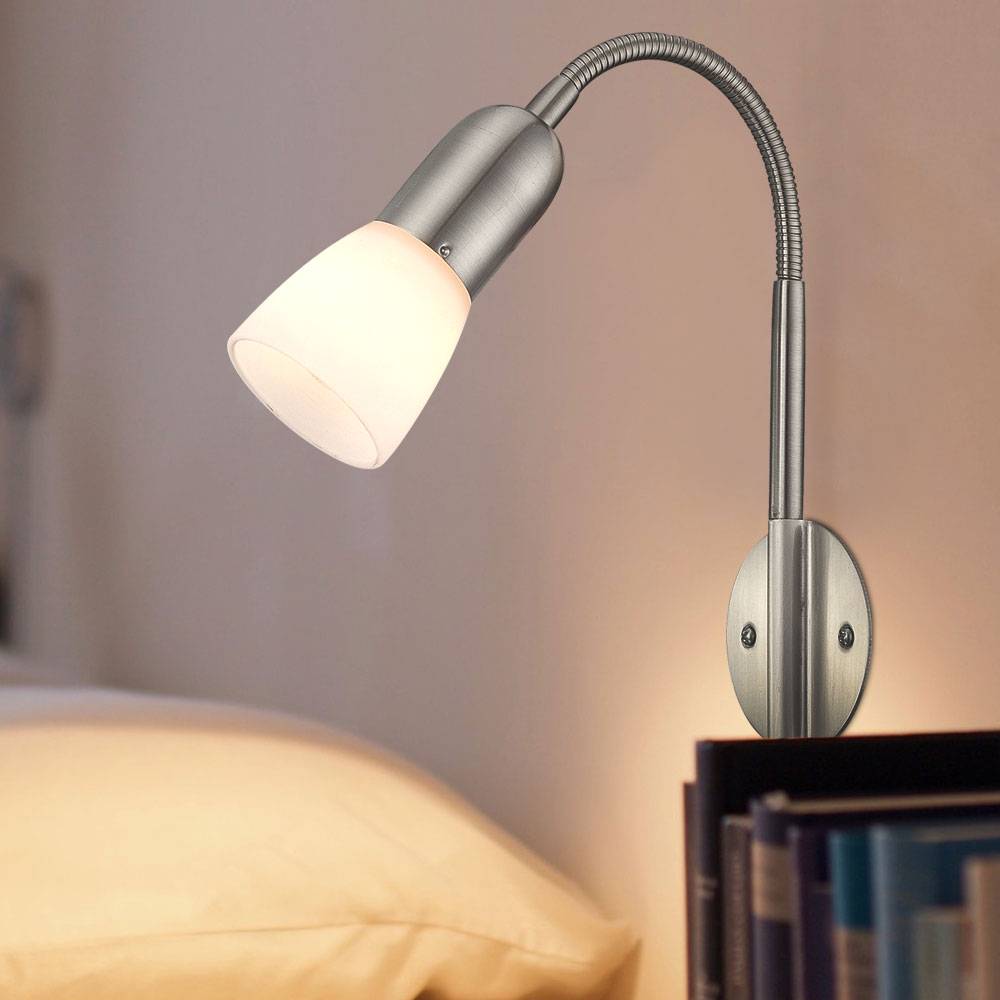 Wandleuchte Leselampe Wandlampe Flexo Schlafzimmer Bett mit Kabel, Spot beweglich, Metall Nickel Glas weiß, 1x E14 Fassung, HxLxBxÜ 46x29,5x23,5x26