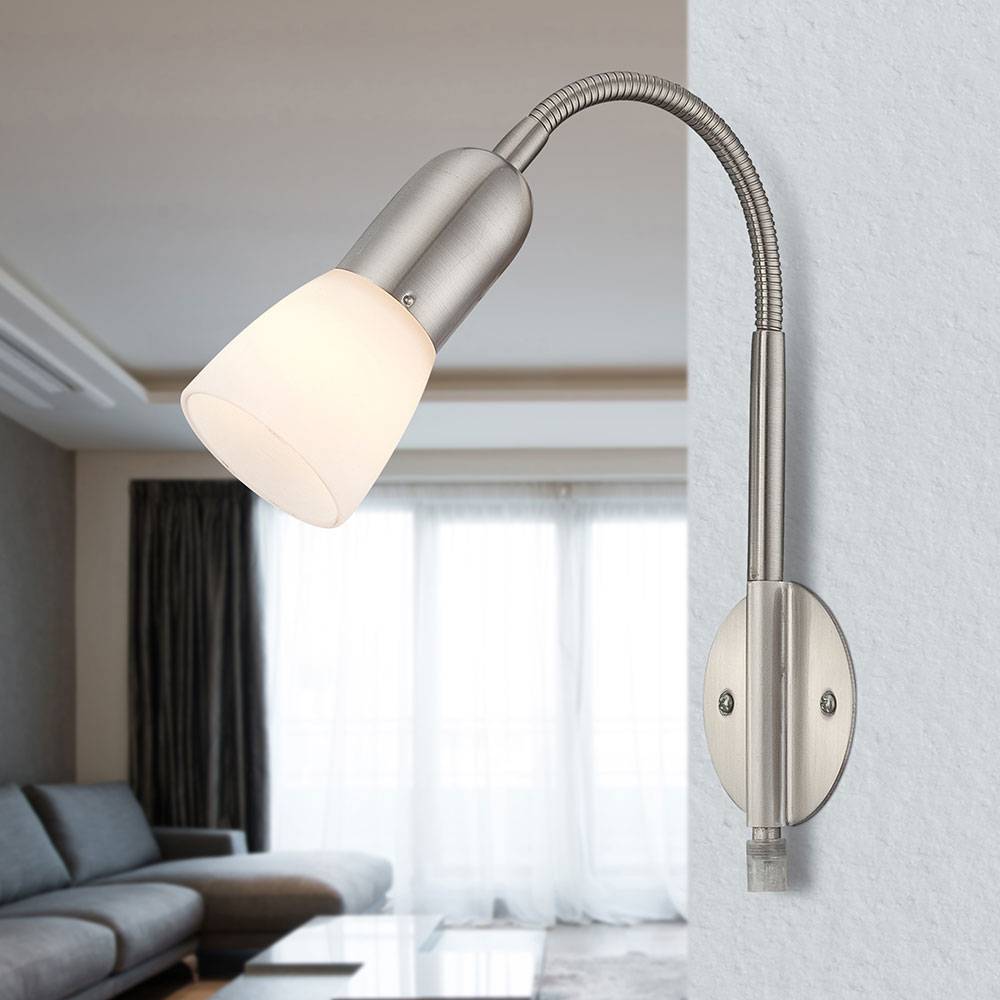 Wandleuchte Leselampe Wandlampe Flexo Schlafzimmer Bett mit Kabel, Spot beweglich, Metall Nickel Glas weiß, 1x E14 Fassung, HxLxBxÜ 46x29,5x23,5x26