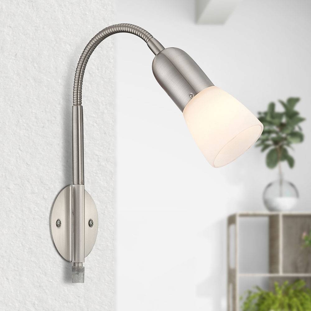 Wandleuchte Leselampe Wandlampe Flexo Schlafzimmer Bett mit Kabel, Spot beweglich, Metall Nickel Glas weiß, 1x E14 Fassung, HxLxBxÜ 46x29,5x23,5x26