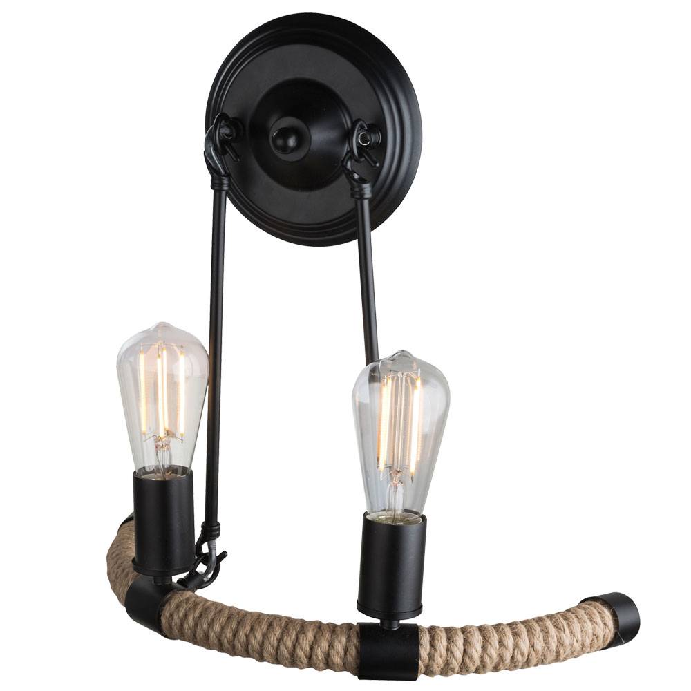 Wandleuchte Hanfseil Retro Wohnzimmerlampe 2 Flammig Wandlampe schwarz, 2x E27 Fassungen, BxHxT 40x35x20 cm