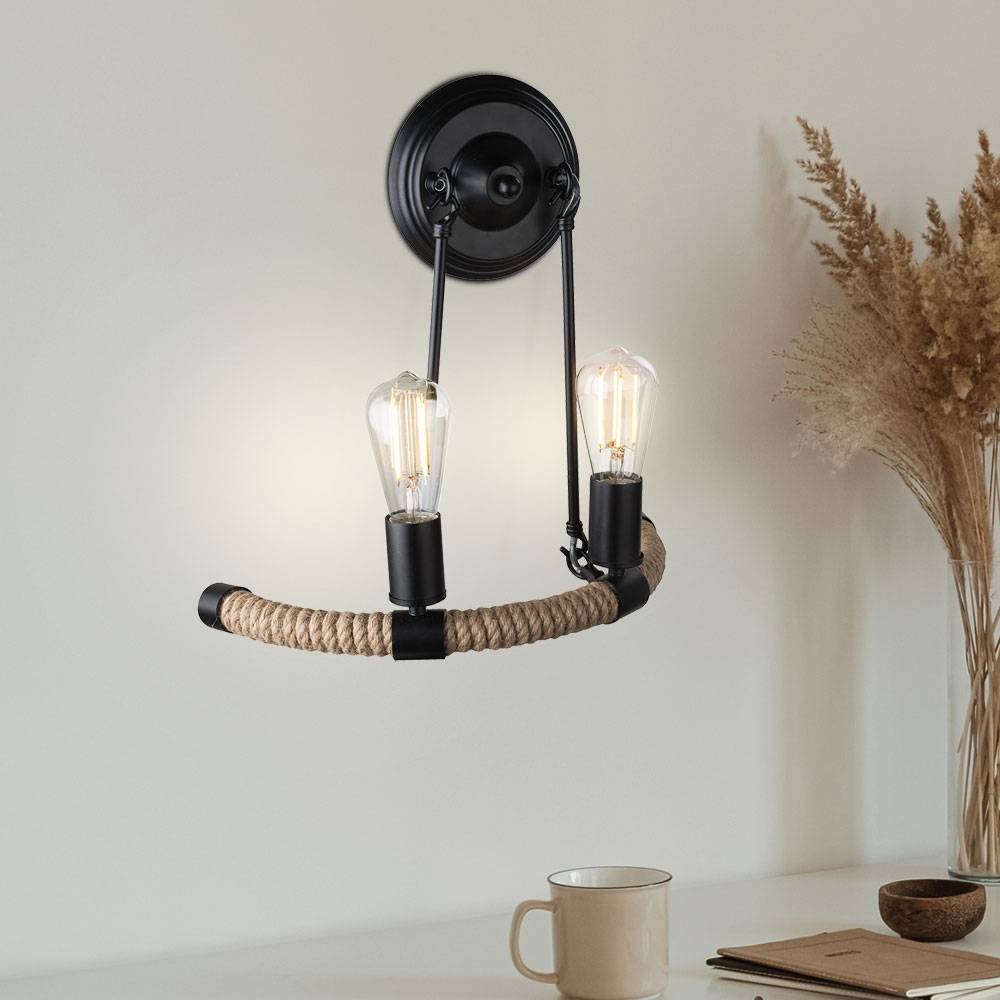Wandleuchte Hanfseil Retro Wohnzimmerlampe 2 Flammig Wandlampe schwarz, 2x E27 Fassungen, BxHxT 40x35x20 cm
