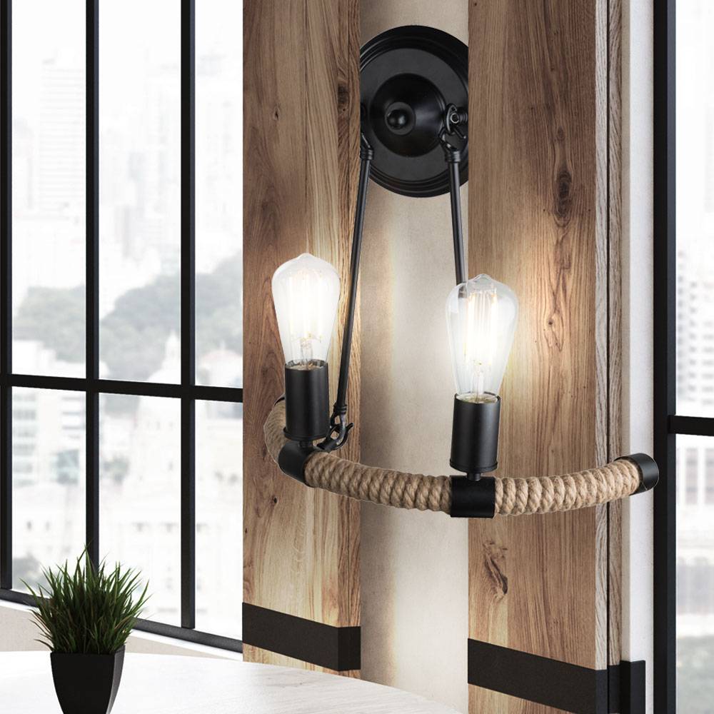 Wandleuchte Hanfseil Retro Wohnzimmerlampe 2 Flammig Wandlampe schwarz, 2x E27 Fassungen, BxHxT 40x35x20 cm