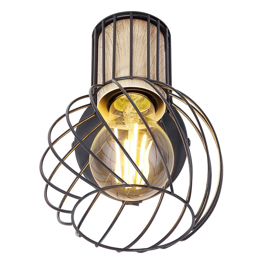 Wandlampe Landhausstil Wandleuchte Holzlampe Gitter Wohnzimmerleuchte mit beweglichem Spot, Metall schwarz naturfarben, 1x E27, BxH 12x16,5 cm