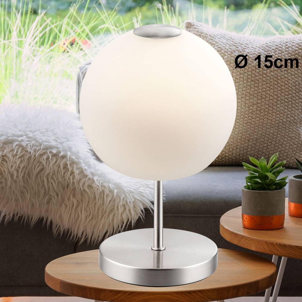 Tischleuchte Beistelllampe Leseleuchte Tischlampe Leselampe Beistellleuchte Arbeitszimmer, Metall Glas weiß opal nickel Kugelform, 1x LED 5 Watt 360