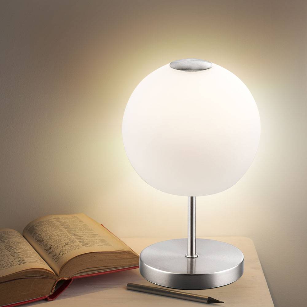 Tischleuchte Beistelllampe Leseleuchte Tischlampe Leselampe Beistellleuchte Arbeitszimmer, Metall Glas weiß opal nickel Kugelform, 1x LED 5 Watt 360