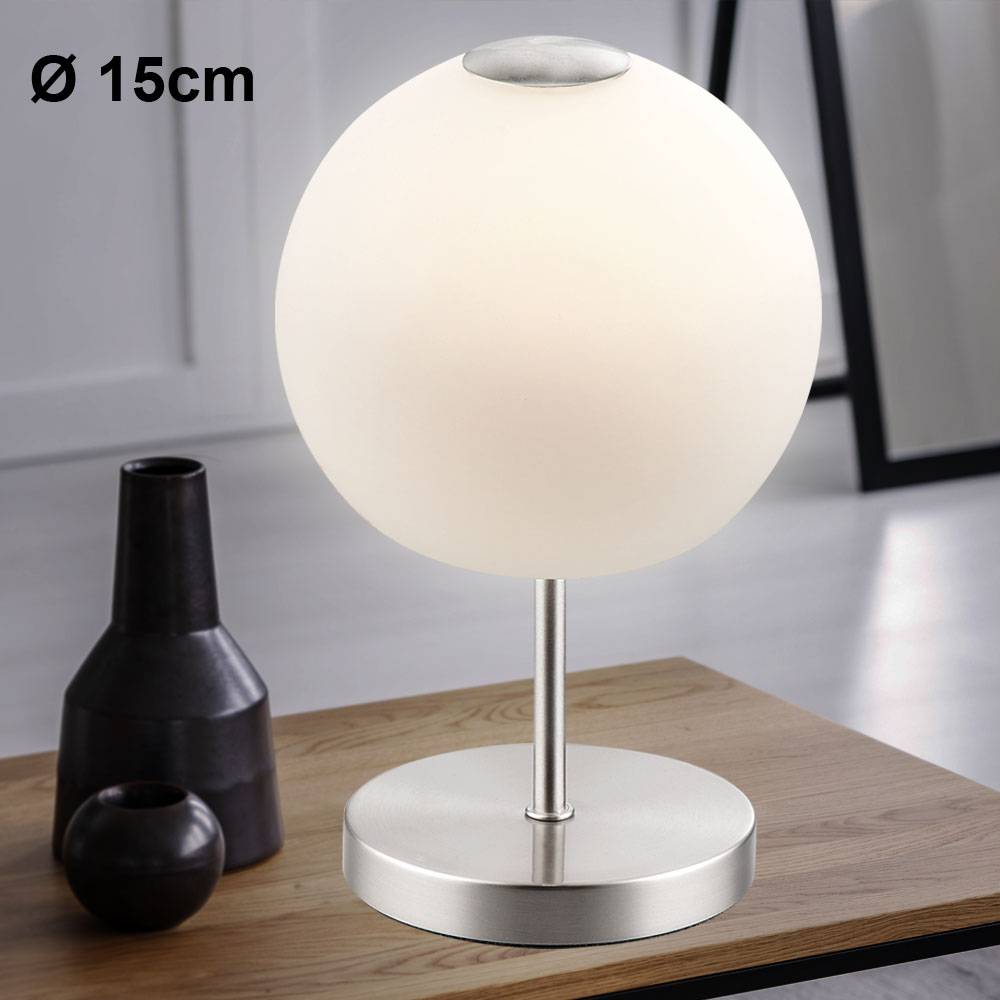 Tischleuchte Beistelllampe Leseleuchte Tischlampe Leselampe Beistellleuchte Arbeitszimmer, Metall Glas weiß opal nickel Kugelform, 1x LED 5 Watt 360