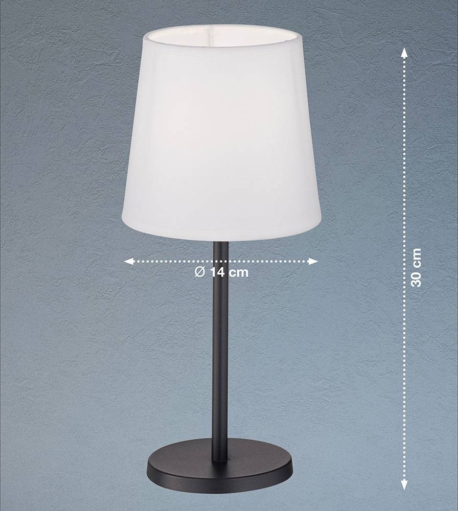 Tischleuchten Wohnzimmer Nachttischlampe Leselampe Tischlampe rund schwarz, Chintz weiß Metall, 1x E14, DxH 14x30 cm