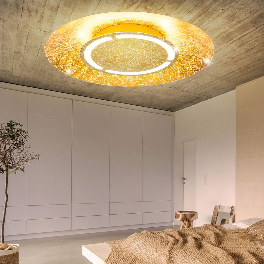 Deckenleuchte Deckenlampe Schlafzimmerleuchte Flurlampe Wohnzimmer, Metall weiß opal gold, 1x LED 24W 1400Lm 3000K, DxH 50x8,5 cm