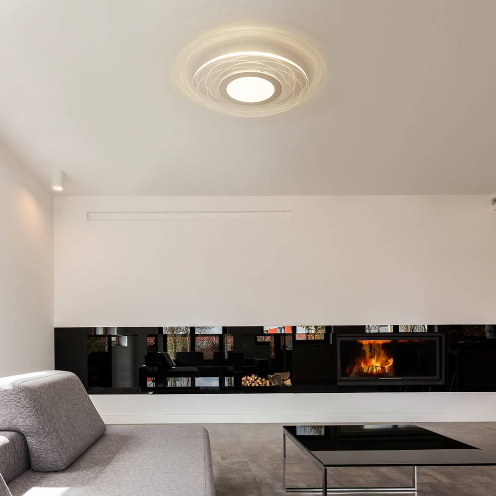 Deckenleuchte rund 45 cm Deckenlampe LED für Wohnzimmer, Acryl satiniert mit Dekorlinien, 18W 1000lm 3000K, DxH 35x4,5 cm