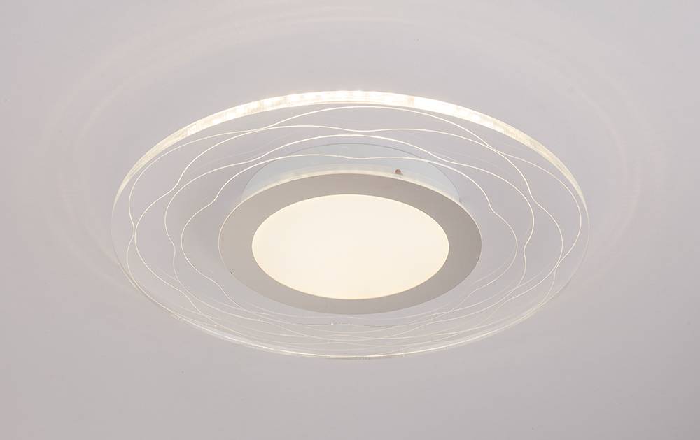 Deckenleuchte rund 45 cm Deckenlampe LED für Wohnzimmer, Acryl satiniert mit Dekorlinien, 18W 1000lm 3000K, DxH 35x4,5 cm