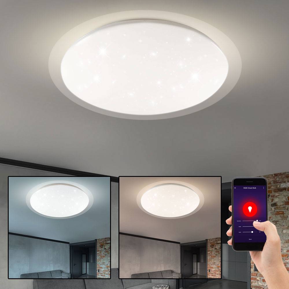 Deckenleuchte Deckenlampe Schlafzimmerleuchte Wohnzimmerlampe Esszimmer, Sterneneffekt CCT Timer App- und Sprachsteuerung, Metall weiß, 1x LED 60W