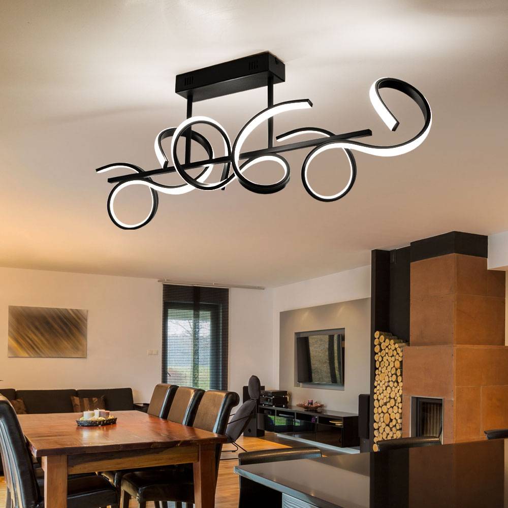 LED Wohnzimmerleuchte Deckenleuchte dimmbar über Lichtschalter Designleuchte, geschwungenes Design, Metall schwarz, 25W 2970lm 3000K, LxBxH 82x21x30