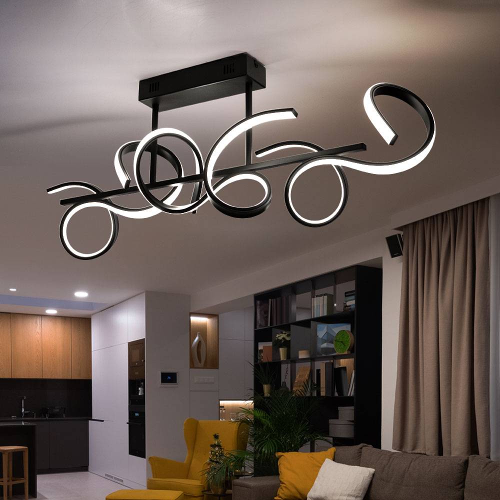 Deckenleuchte dimmbar über Lichtschalter LED Wohnzimmerleuchte Designleuchte, geschwungenes Design, Metall schwarz, 25W 2970lm 3000K, LxBxH 82x21x30