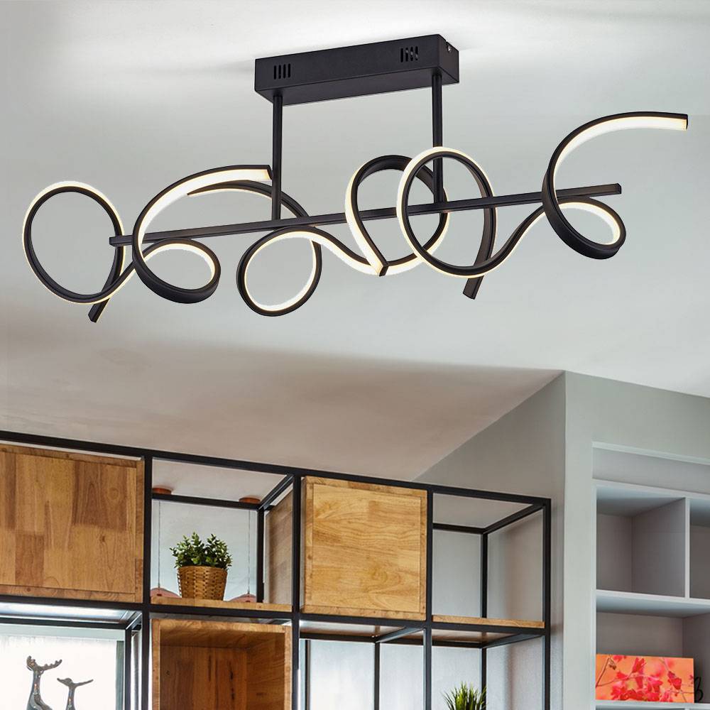 LED Wohnzimmerleuchte Deckenleuchte dimmbar über Lichtschalter Designleuchte, geschwungenes Design, Metall schwarz, 25W 2970lm 3000K, LxBxH 82x21x30