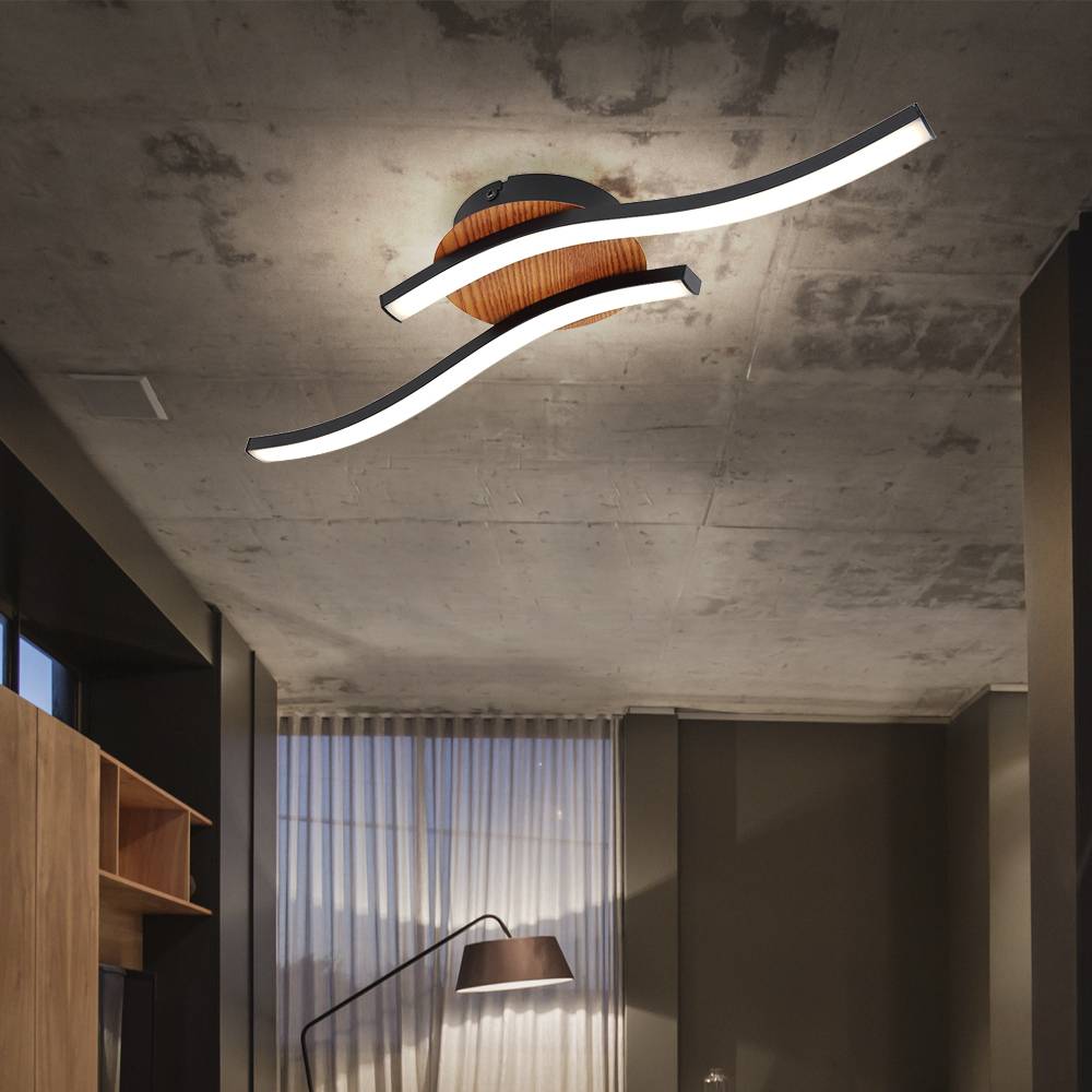 LED Deckenleuchte Wohnzimmerlampe 2 flammig Deckenlampe Holzoptik, modern, Acryl Metall schwarz opal, 2x LED 12W 800Lm 3000K, HxLxB 7,5x51x13 cm