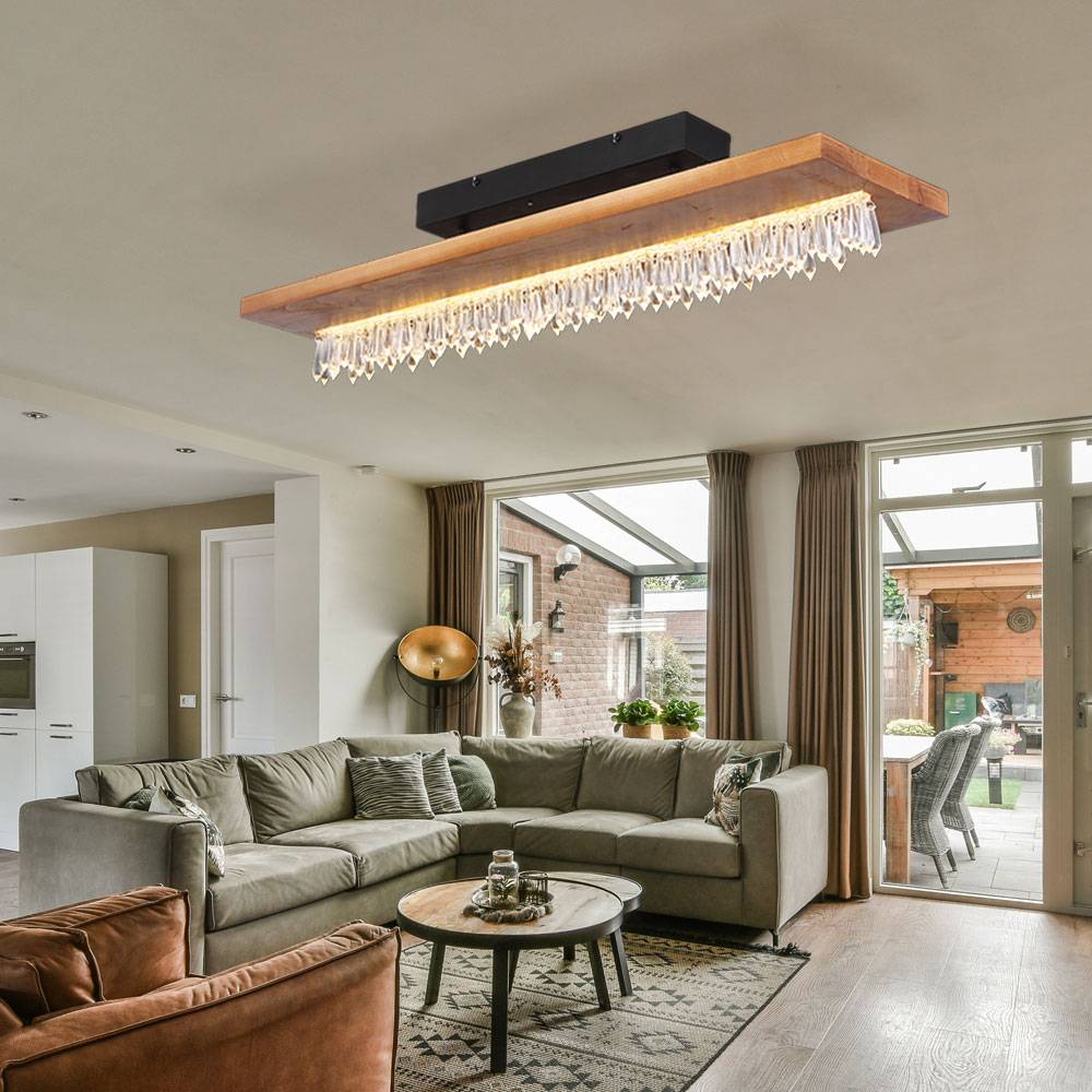 Deckenleuchte Kristall modern Deckenlampe Holz LED Holzleuchte Esszimmer, Kristalldekor, Holzoptik, Metall schwarz klar opal, 1x LED 25W 1546Lm